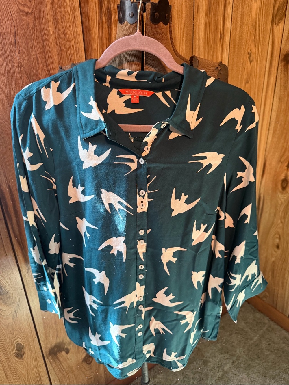 ModCloth Green Button-Up Shirt with White Bird Print. Put a bird on it